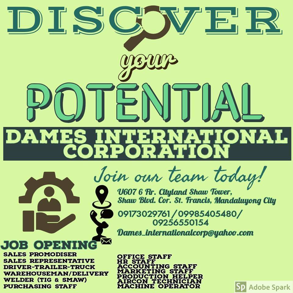 NEED A JOB? APPLY NOW!!!
Dames Int'l Corp 
Urgent Hiring! 📣📣📣

📍 SALE PROMODISER
📍 OFFICE STAFF 
📍 CASHIER image