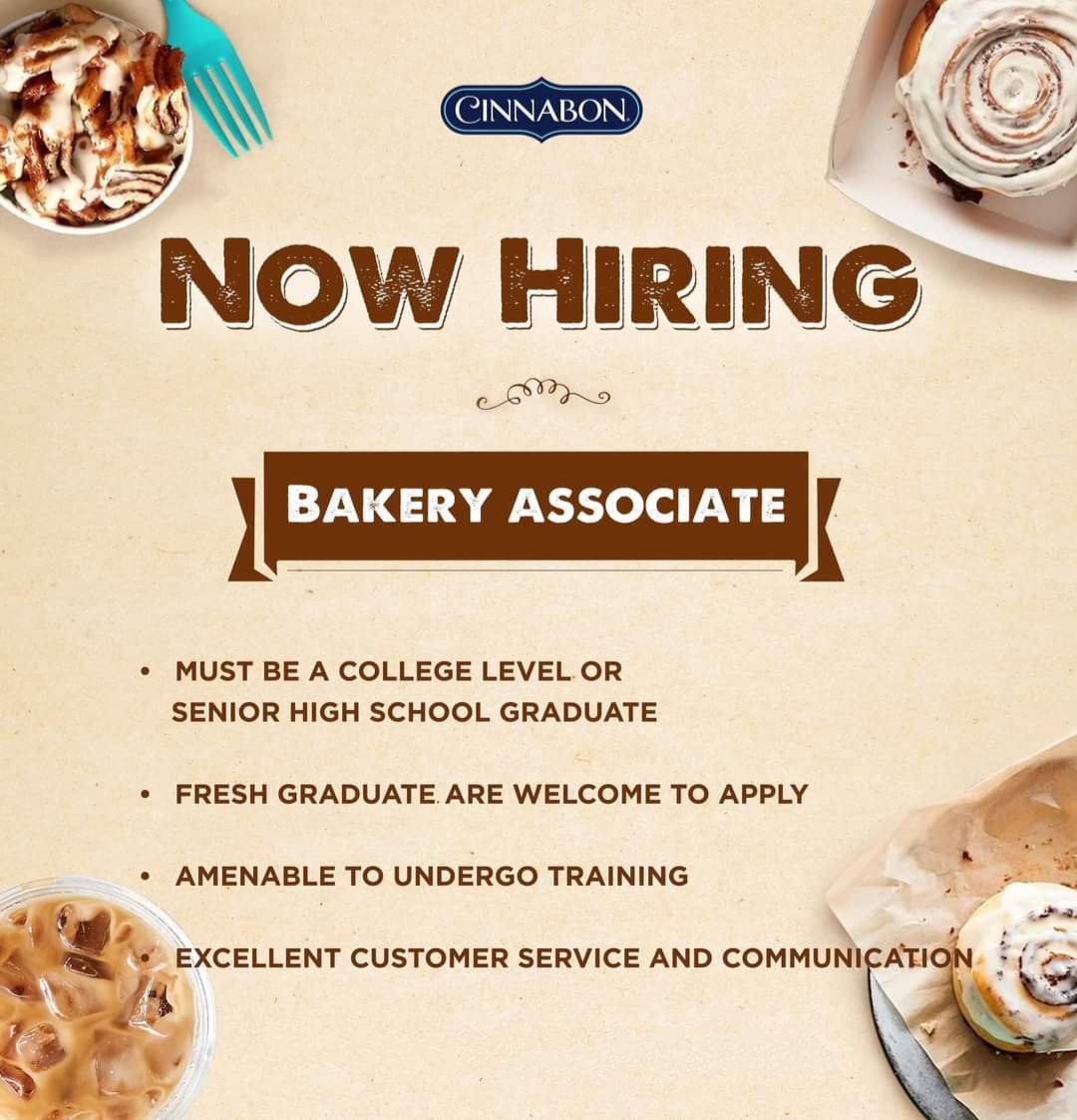 currently looking for;
*Bakery Associate (Crew Member)
Deployment Area
*NAIA TERMINAL 3 & 4
*AYALA MALLS MANILA BAY image