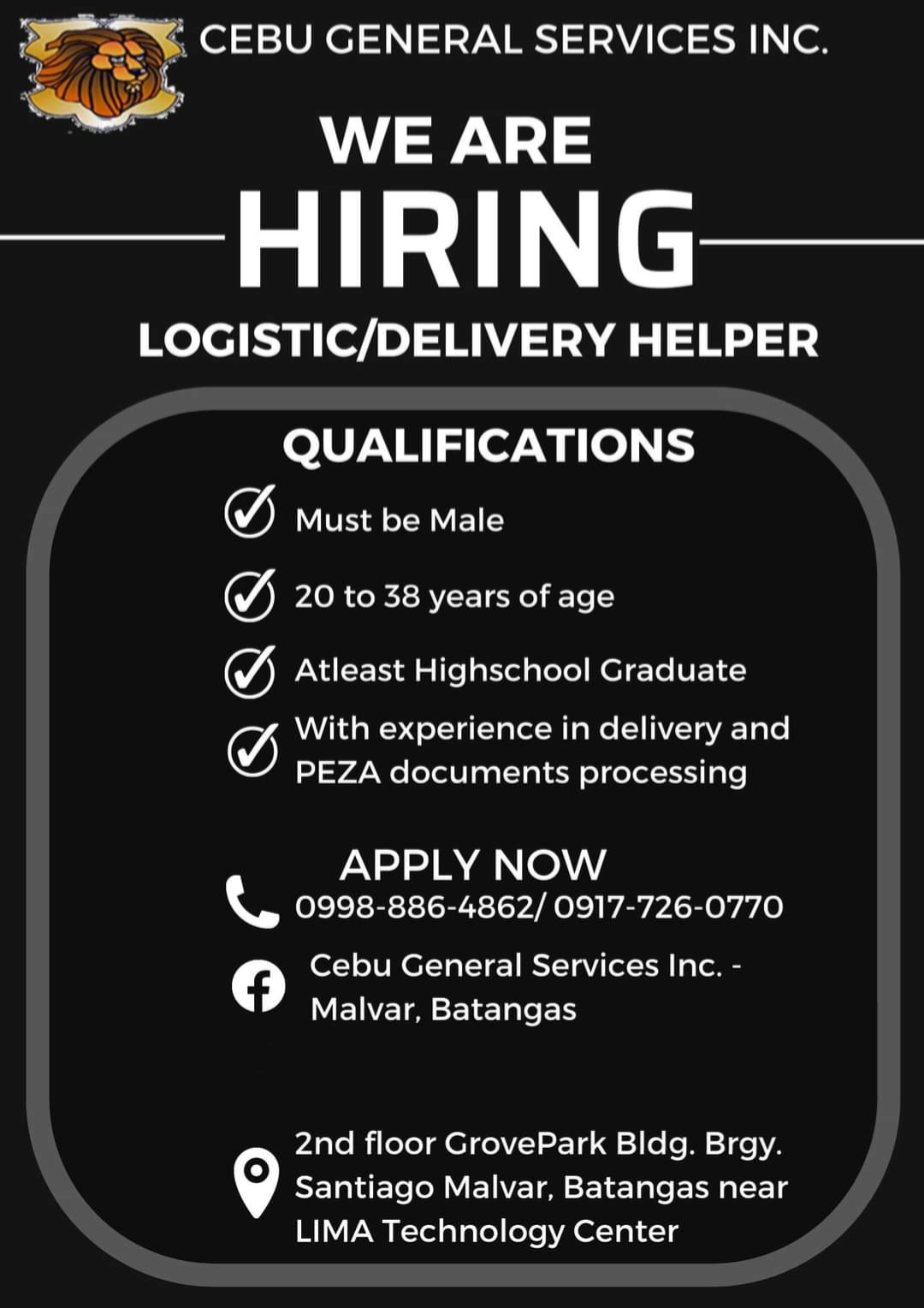 Cebu General Services Inc.-Malvar Batangas job hiring image