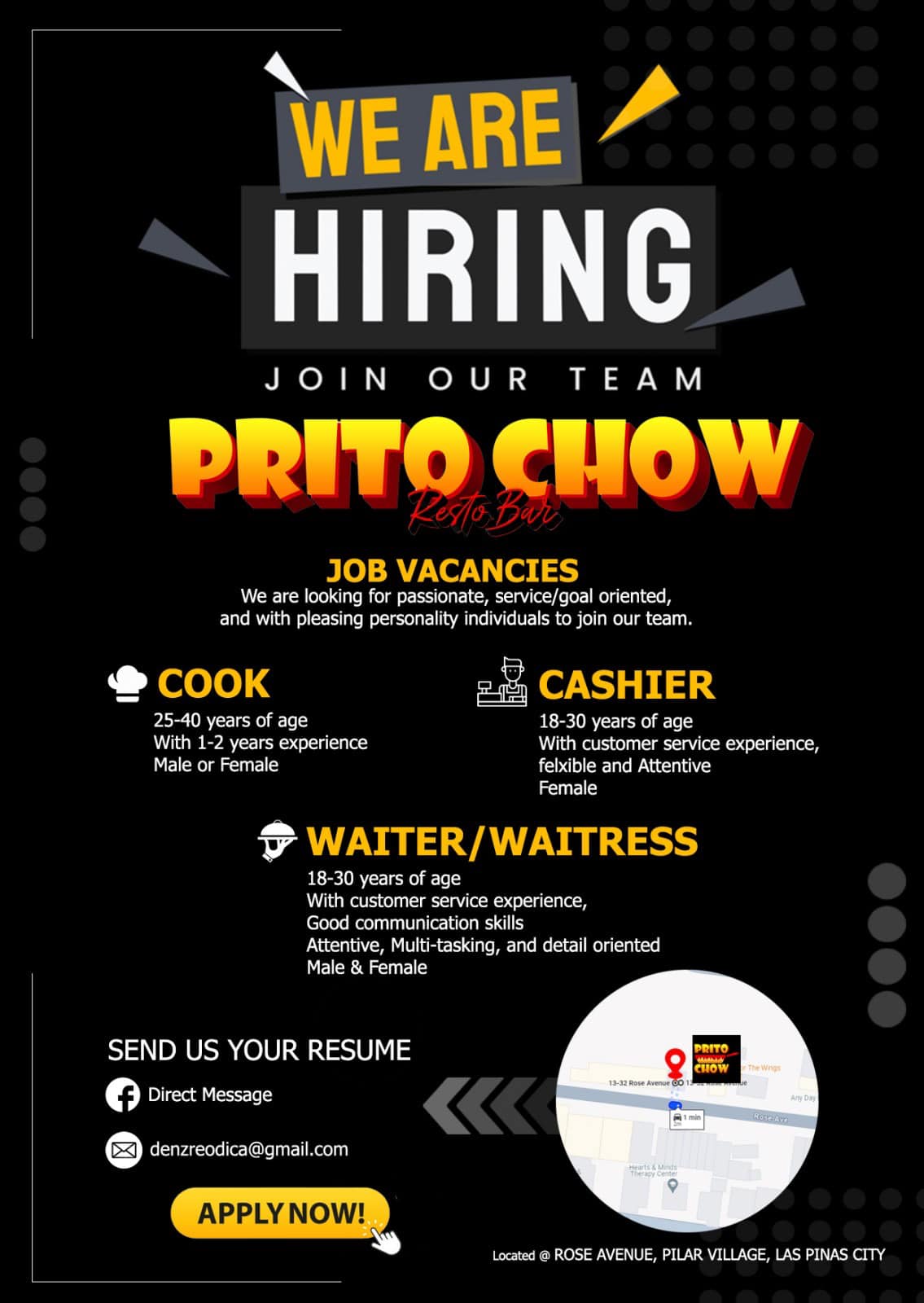 PRITO CHOW RESTO BAR - LAS PINAS
URGENT HIRING! ⚠️
Our Resto Bar is looking for the following members to join our family.
✅ Cook
✅ Cashier
✅ Waiter
✅ Waitress
 image