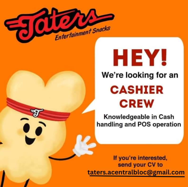 Taters is in need the following
*Cashiers
*Kitchen Staff image