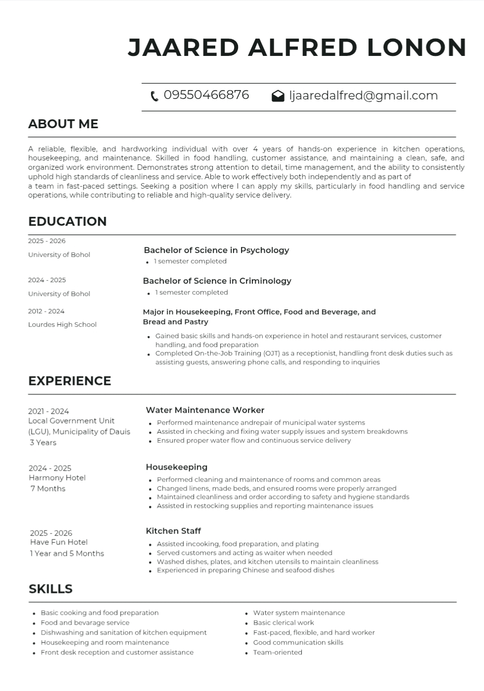 housekeeping experience 6 Months
kitchen staff 1year and 5 months image