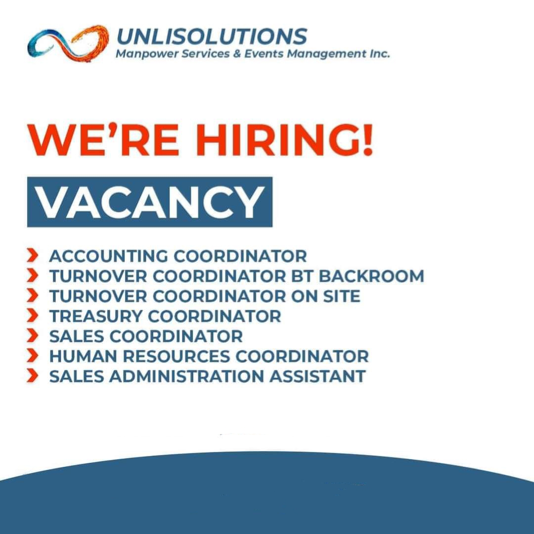 *Accounting Coordinator
*Turnover Coordinator BT Backroom
*Turnover Coordinator on site
*Treasury Coordinator
*Sales Coordinator
*Human Resources Coordinator
*Sales Administration Assistant image