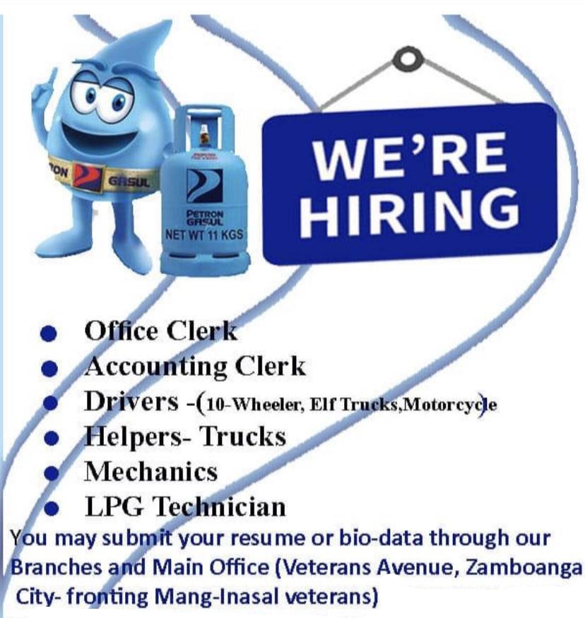 *Office Clerk
*Accounting Clerk
*Drivers ( 10-wheeler, Elf Truck , Motorcycle)
*Truck Helpers
*Mechanics
*LPG Technician image