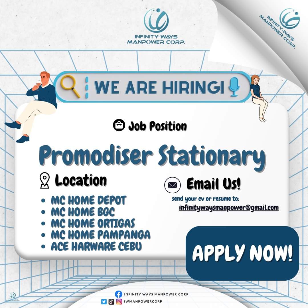 We're hiring!
Promodiser (Stationary)
*MC HOME DEPOT
*MC HOME BGC
*MC HOME ORTIGAS 
*MC HOME PAMPANGA image