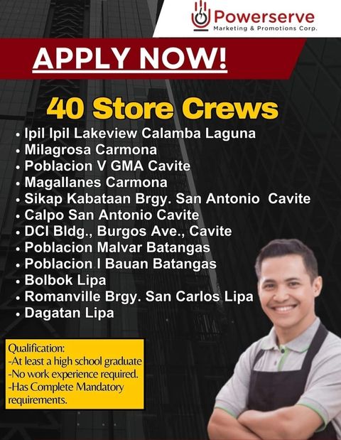 In Need of Store Crew
For the following areas image