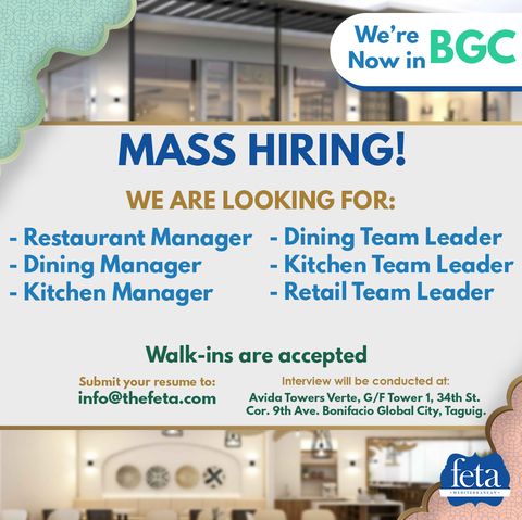 Mass Hiring:

- Restaurant Manager
- Dining Manager
- Kitchen Manager
- Dining Team Leader
- Kitchen Team Leader
- Retail Team Leader image