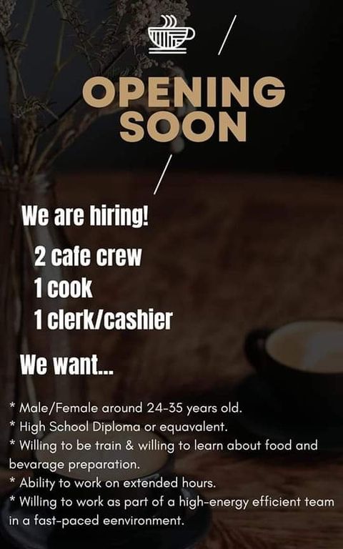 2 Cafe Crew   
1 Cook
1 Clerk/ Cashier image