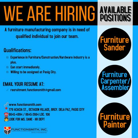 Hiring the following:

* Furniture Sander
* Furniture Carpenter/Assembler
* Furniture Painter image