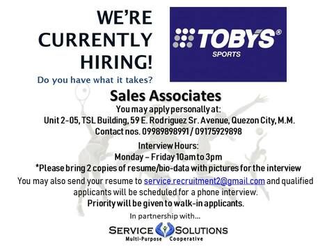 Serv Sol - Tobys Sports Ayala Bay job hiring image