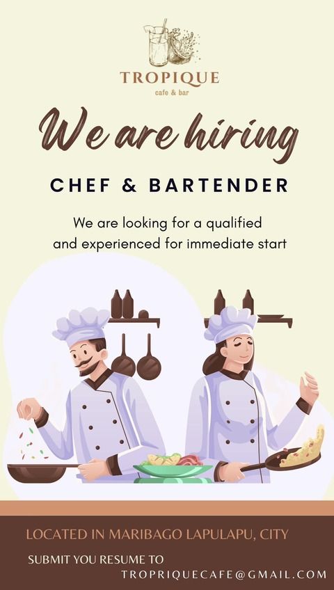 We are Hiring!
Chef and Bartender image