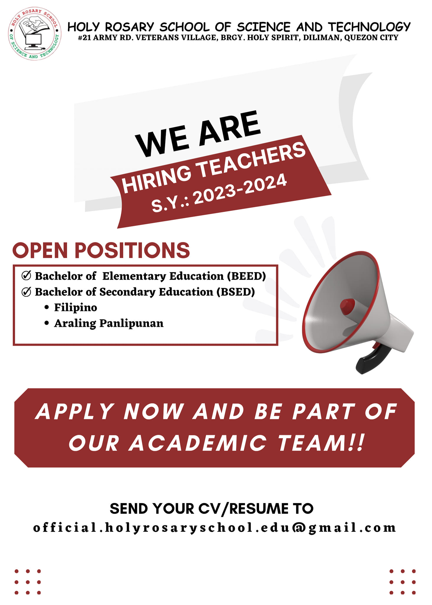 Holy Rosary School Of Science And Technology QC job hiring image