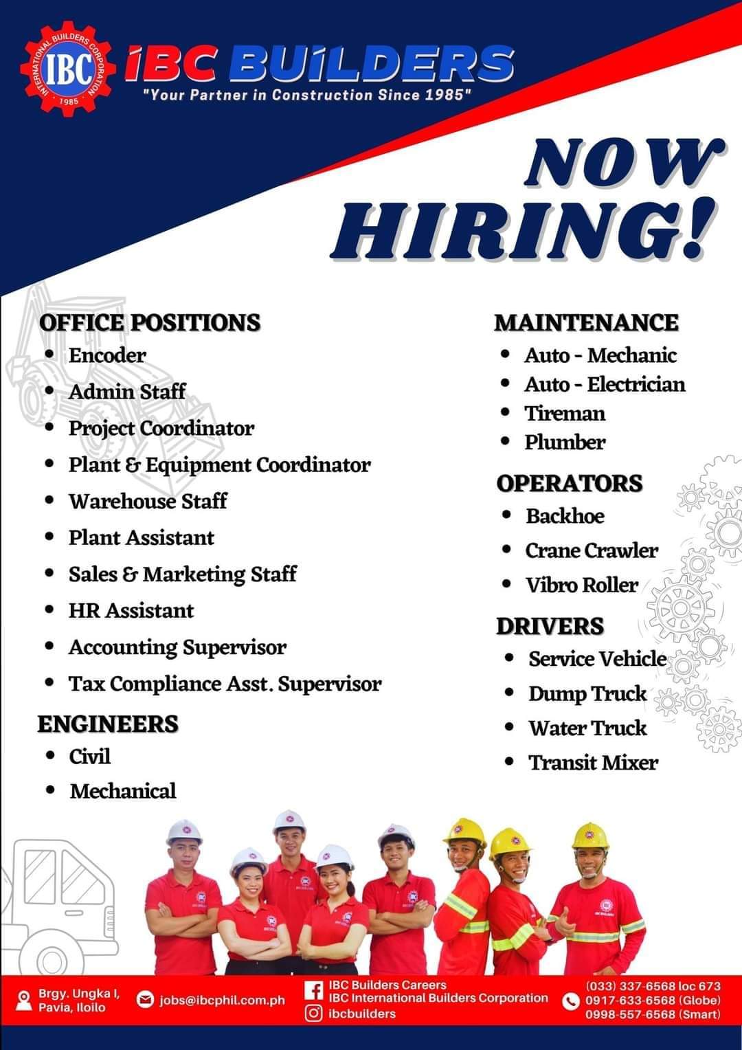 Hiring for the following positions
*Tax Compliance Asst. Supervisor
*Accounting Supervisor
*Civil Engineers
*Site Checkers
*Drivers
*Backhoe Operator
*Auto-Electrician
*Auto-Mechanic image