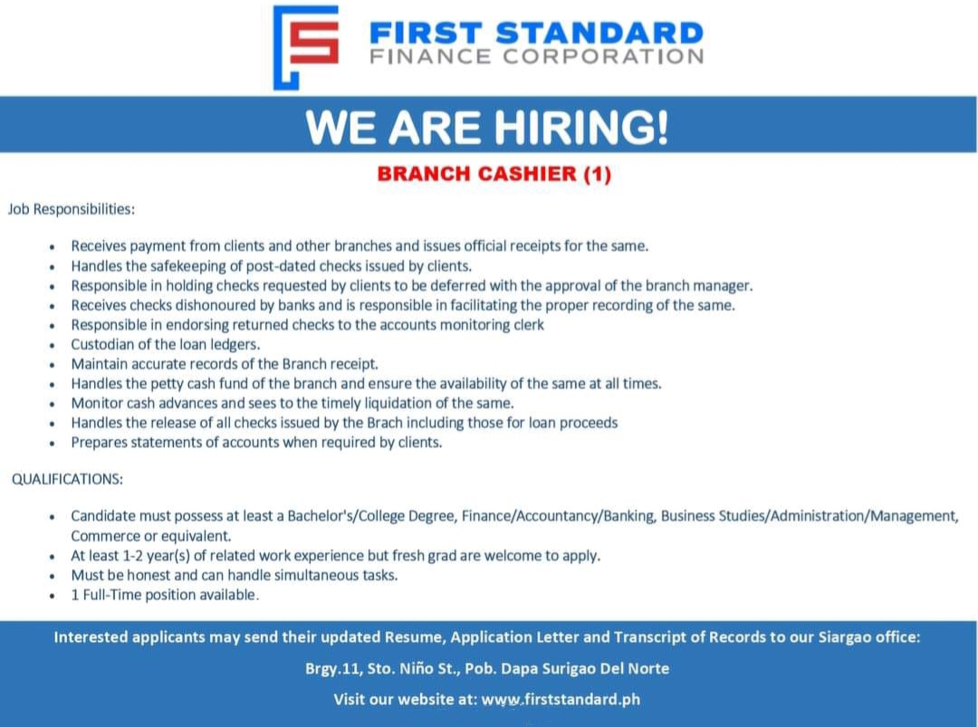 FIRST STANDARD FINANCE CORPORATION - Siargao job hiring image