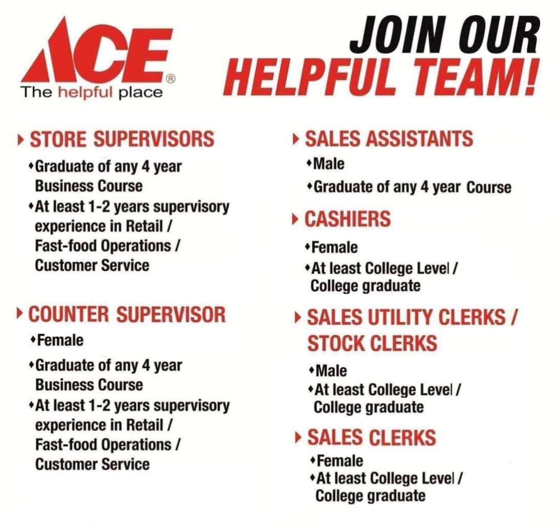 *Store Supervisor
*Sales Assistant
*Cashier
*Sales Clerk
*Stock Clerk image