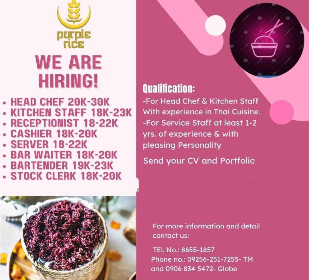 Assist. Head Chef
*Kitchen Staff
*Receptionist
*Cashier
*Server
*Bar Waiter
*Bartender
*Stock Clerk image